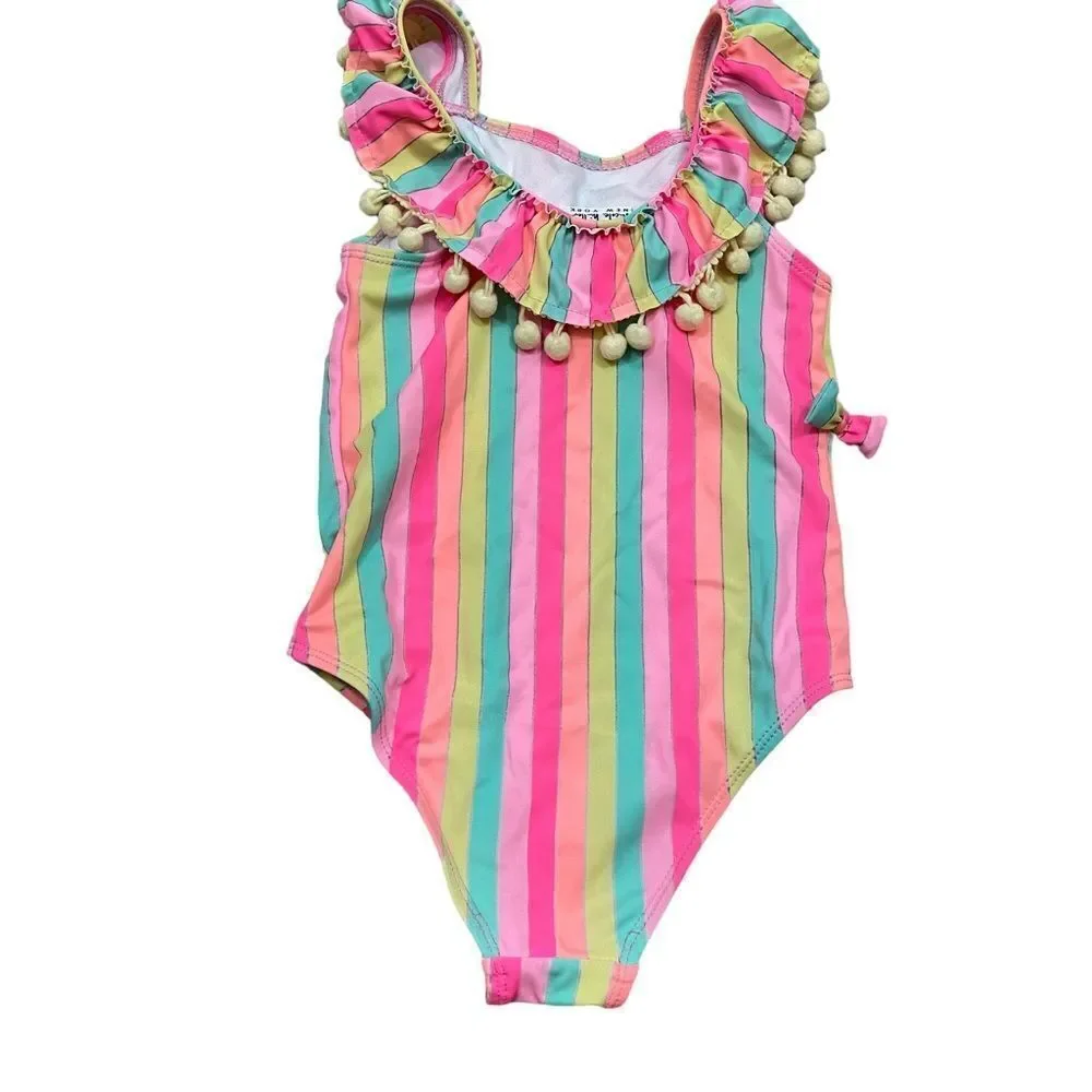 Girls Nicole Miller Striped Pom Pom Detail One‎ Piece Bathing Suit Size 6